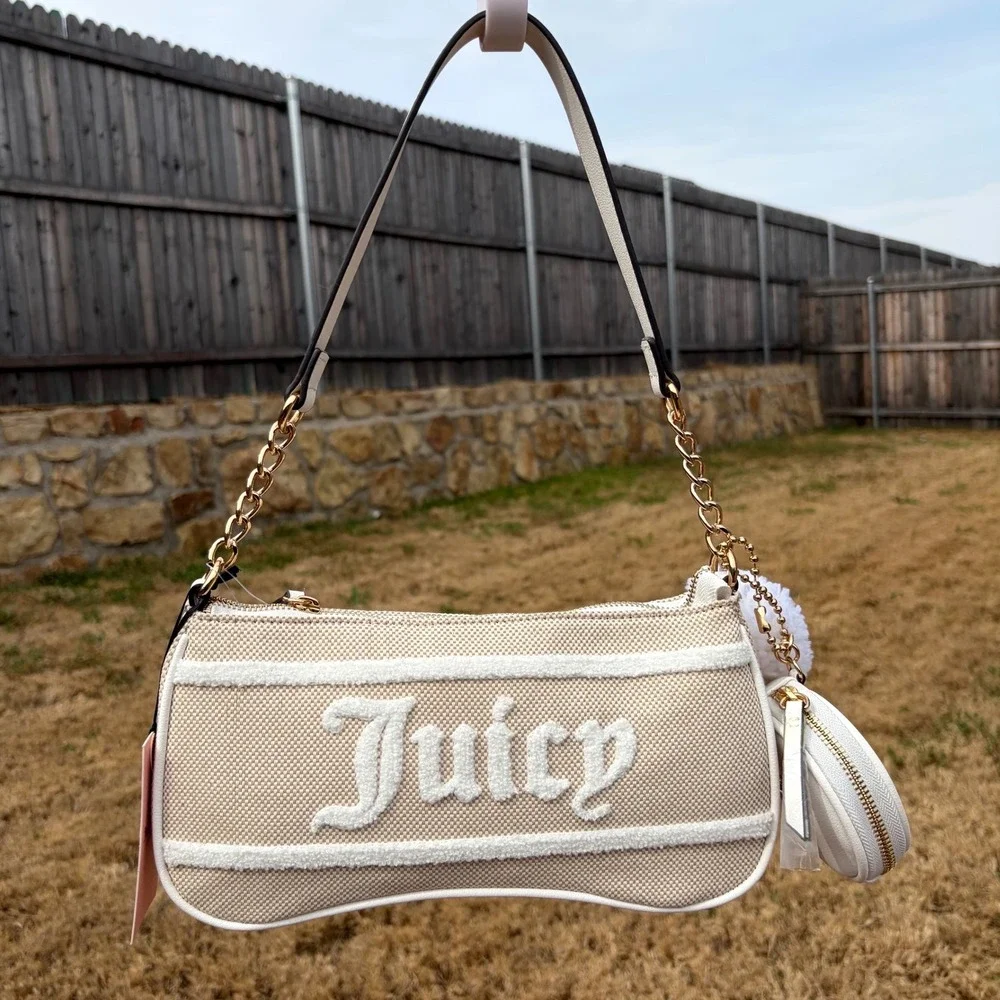 JUICY COUTURE NWT Cream & White Woven Canvas Shoulder‎ Bag with Coin Purse